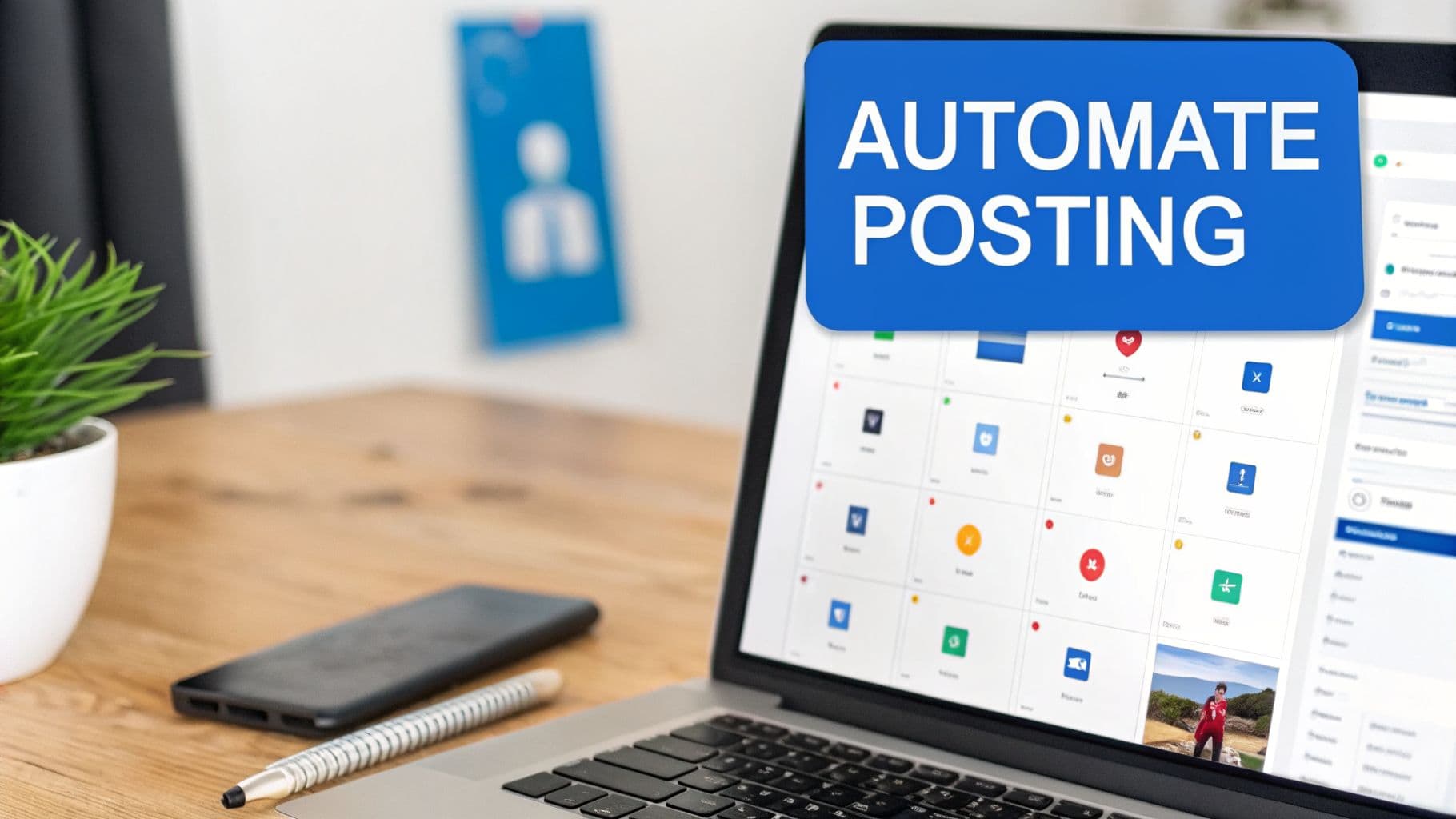 Laptop displaying a social media content calendar with 'AUTOMATE POSTING' text, a phone, and a pen.
