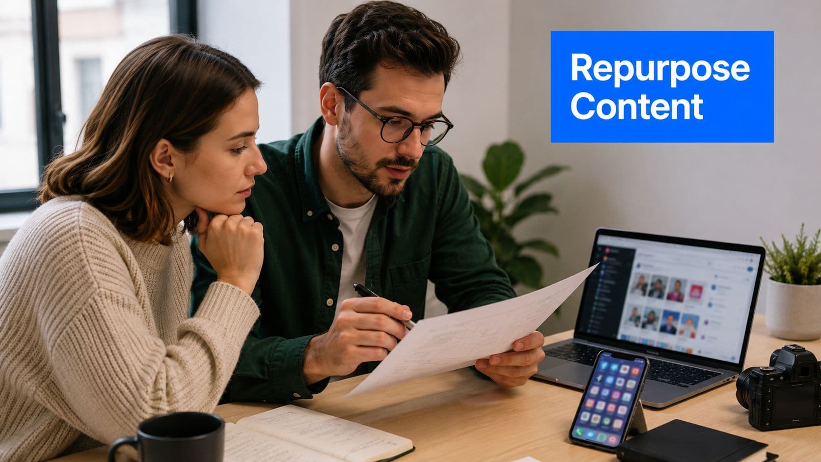 A woman and man collaborate on social network marketing strategy while reviewing papers at a desk.