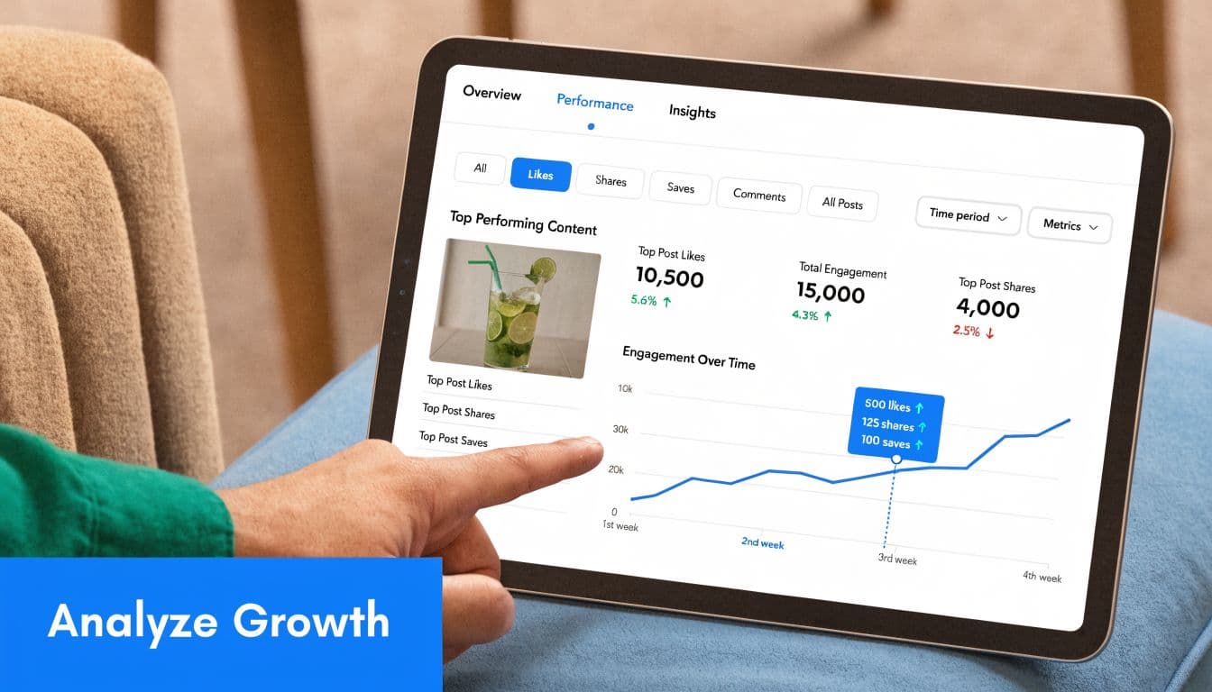 A person touching a tablet screen showing social media performance analytics and growth data visualization.