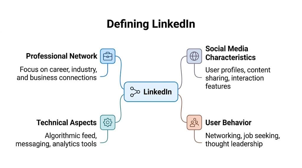 A mind map defining LinkedIn through professional network, social media characteristics, technical aspects, and user behavior.