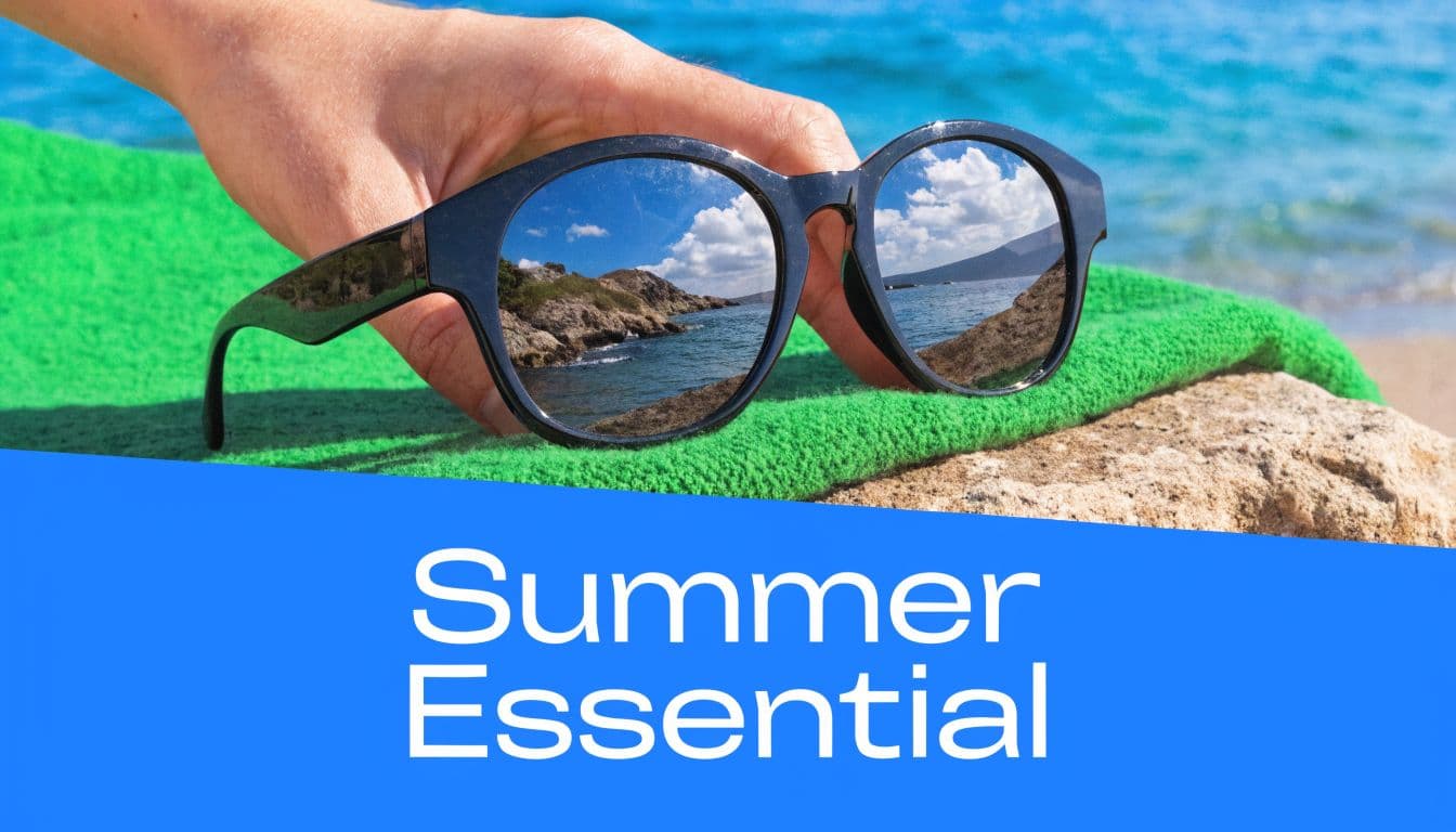 A hand holds black sunglasses over a green towel on a beach, reflecting the scenic ocean view.