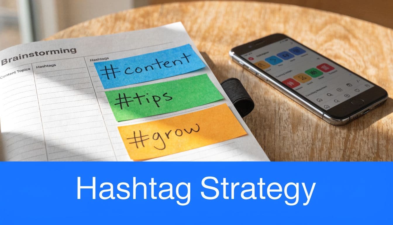 A brainstorming notebook with hashtag sticky notes next to a smartphone on a wooden desk surface.