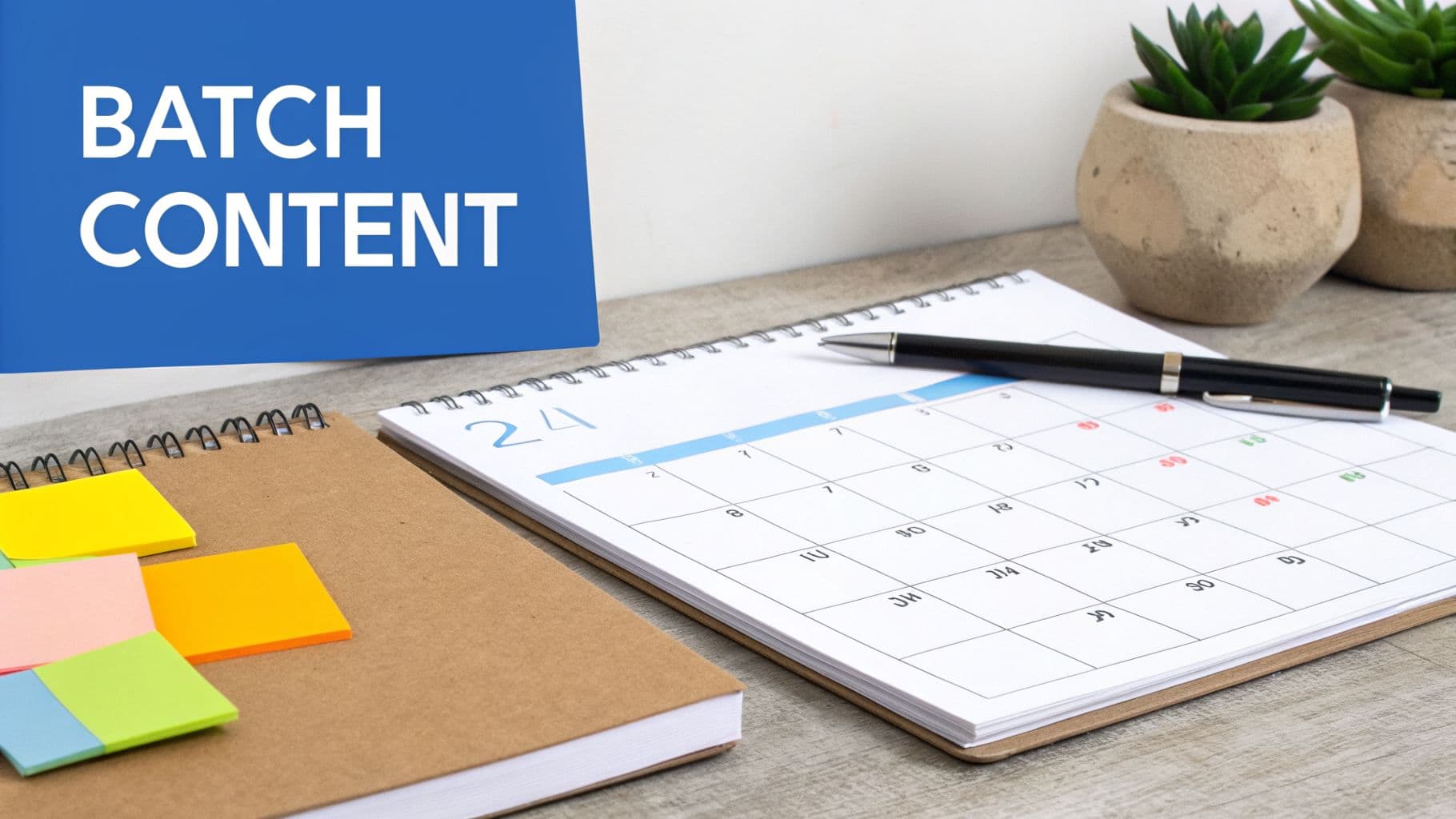 A 'BATCH CONTENT' sign, desk calendar, notebook, and colorful sticky notes for content planning.
