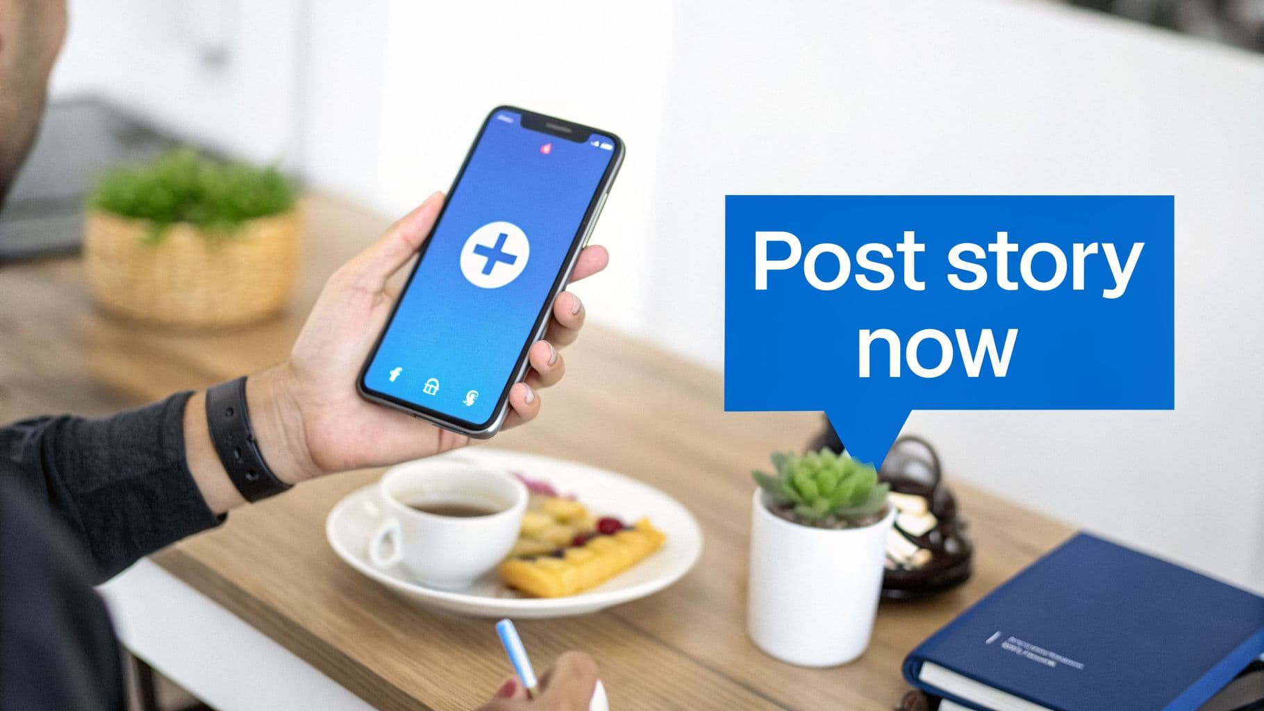 Person holding a smartphone displaying a medical app, with a 'Post story now' speech bubble.