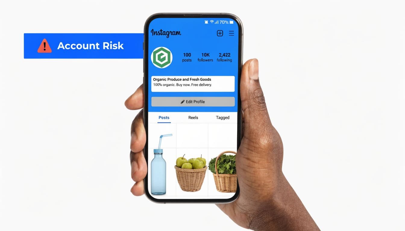 A hand holding a smartphone displaying an Instagram profile page with an account risk alert notification.