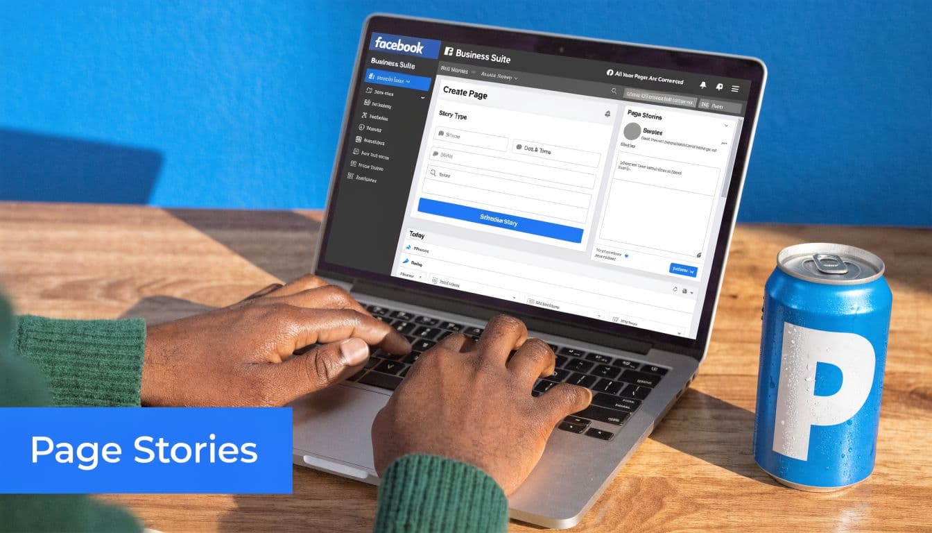 A person using a laptop to create and manage Facebook page stories in the Business Suite interface.