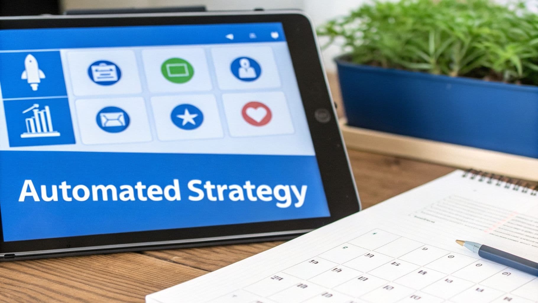 Digital tablet displaying "Automated Strategy" with app icons, next to a calendar and pen.