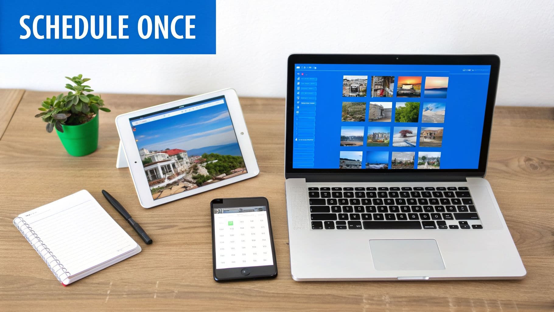 A workspace featuring a laptop, tablet, smartphone, notebook, and plant on a wooden desk, with 'SCHEDULE ONCE' text.