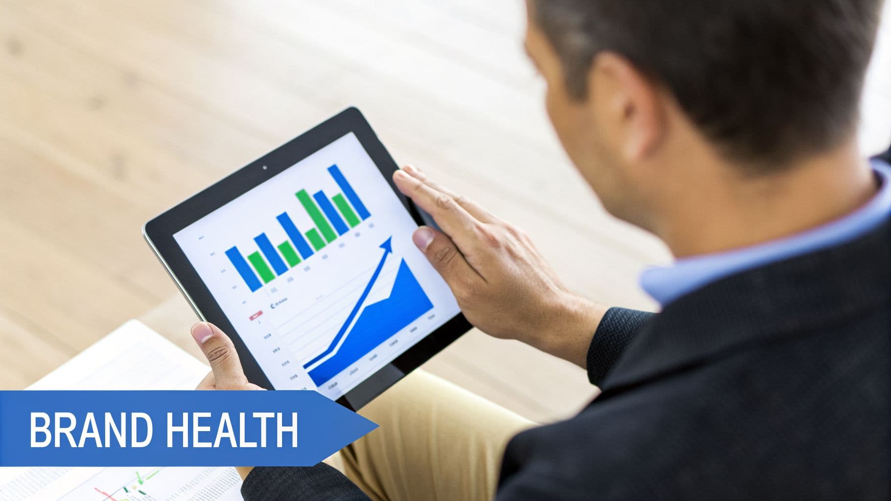 Over-the-shoulder view of a person analyzing 'BRAND HEALTH' data and growth trends on a tablet.