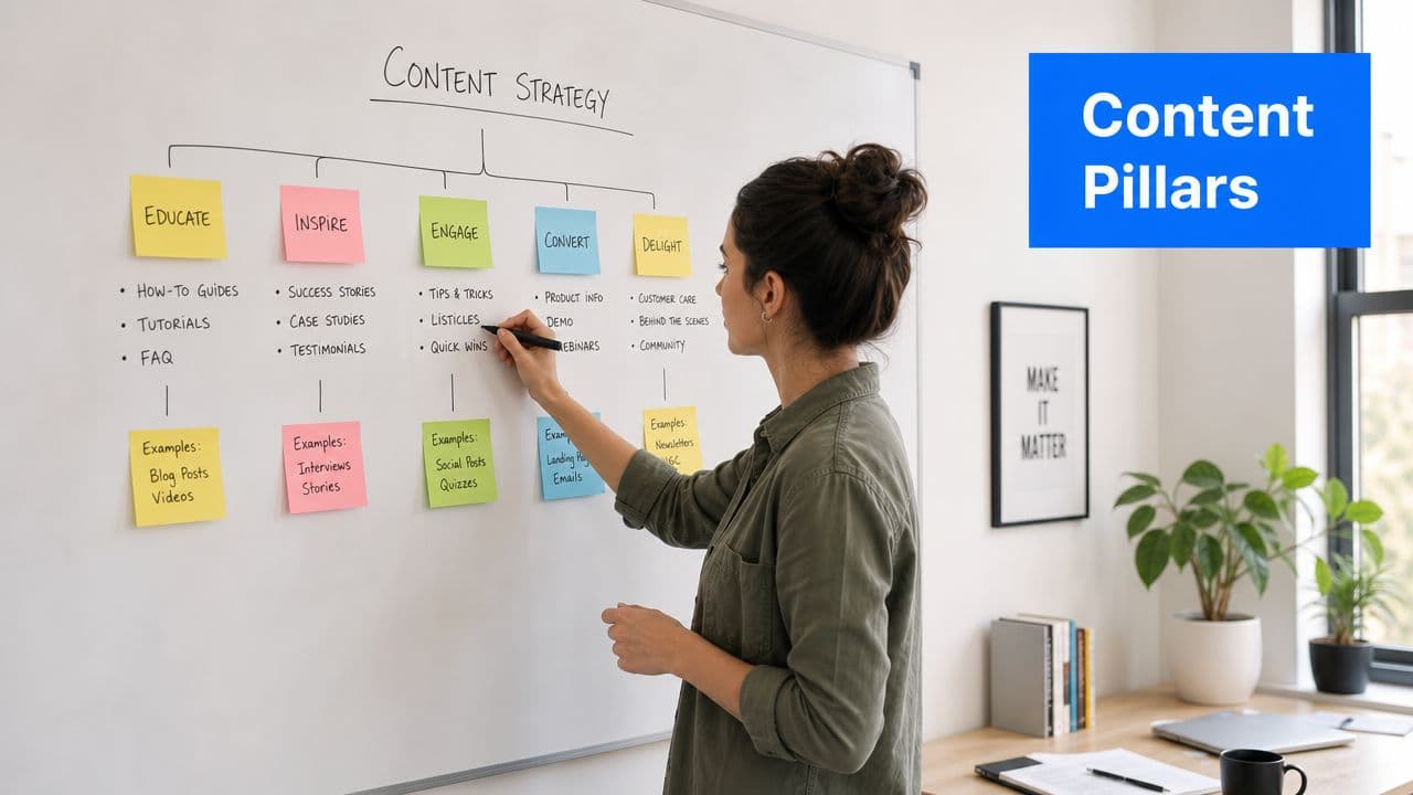 A professional woman writing a content strategy plan on a whiteboard with colorful sticky notes.