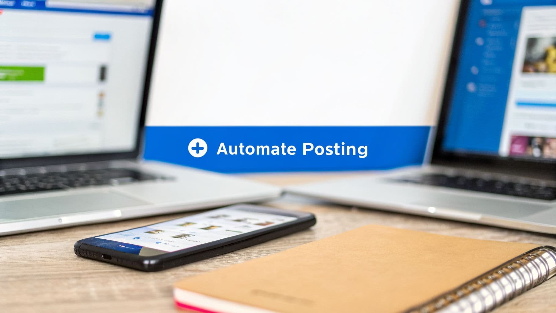 Workstation with laptops, smartphone, and a notebook; a blue banner says 'Automate Posting'.