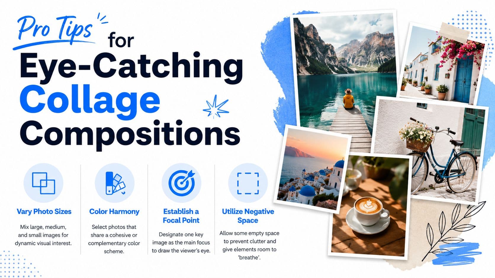 A graphic design guide featuring four tips for creating eye-catching photo collage compositions with example images.