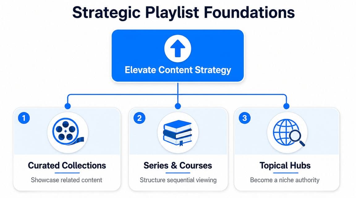 A diagram outlining the Strategic Playlist Foundations for elevating content strategy through curated collections, series, and topical hubs.