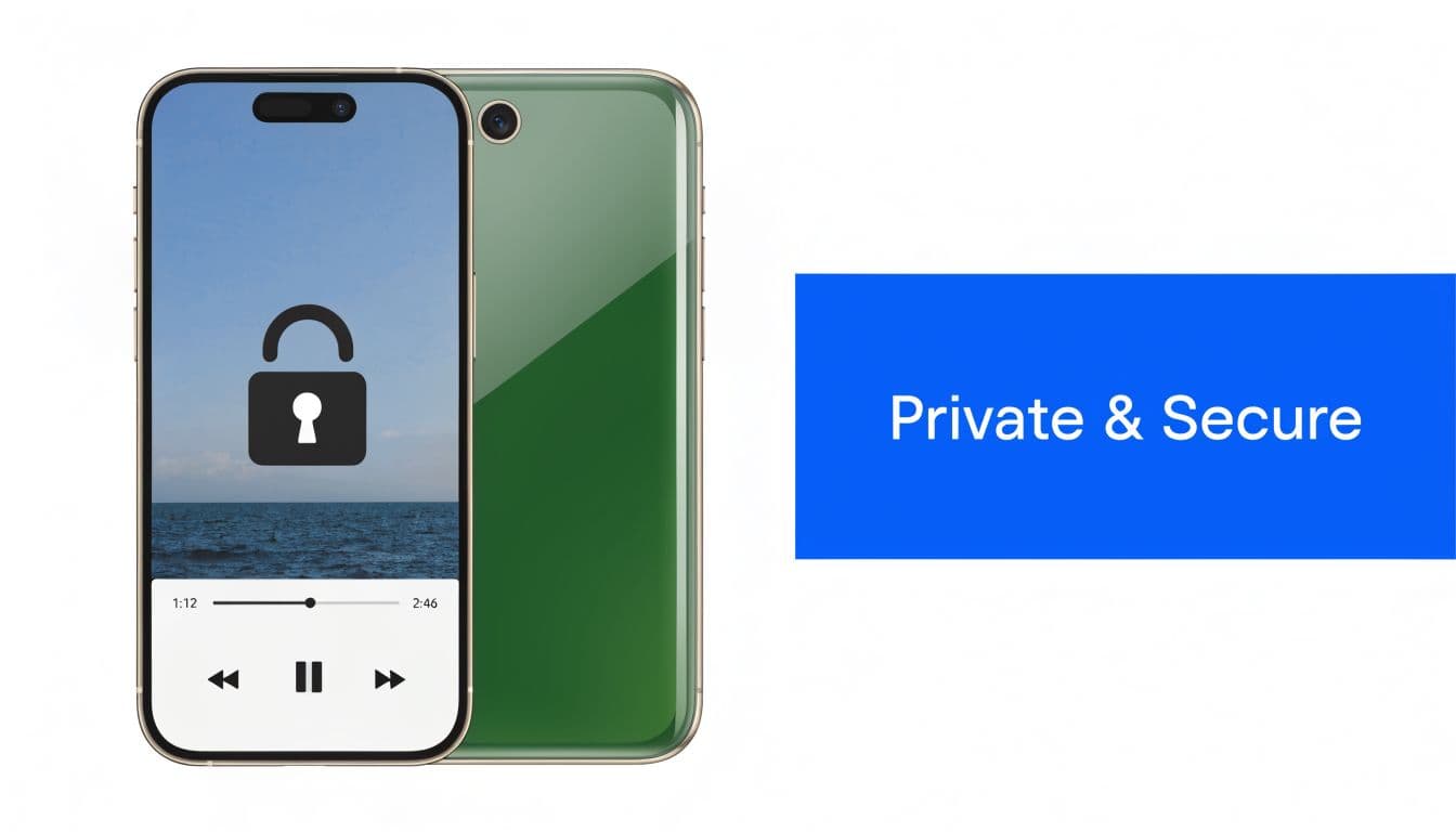 A modern smartphone displaying a secure, locked video interface with playback controls against a white background.