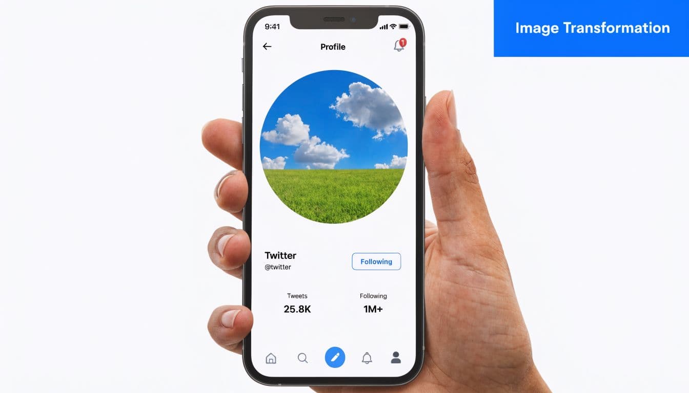 A hand holding a smartphone displaying a Twitter profile page with a landscape sky and grass avatar.