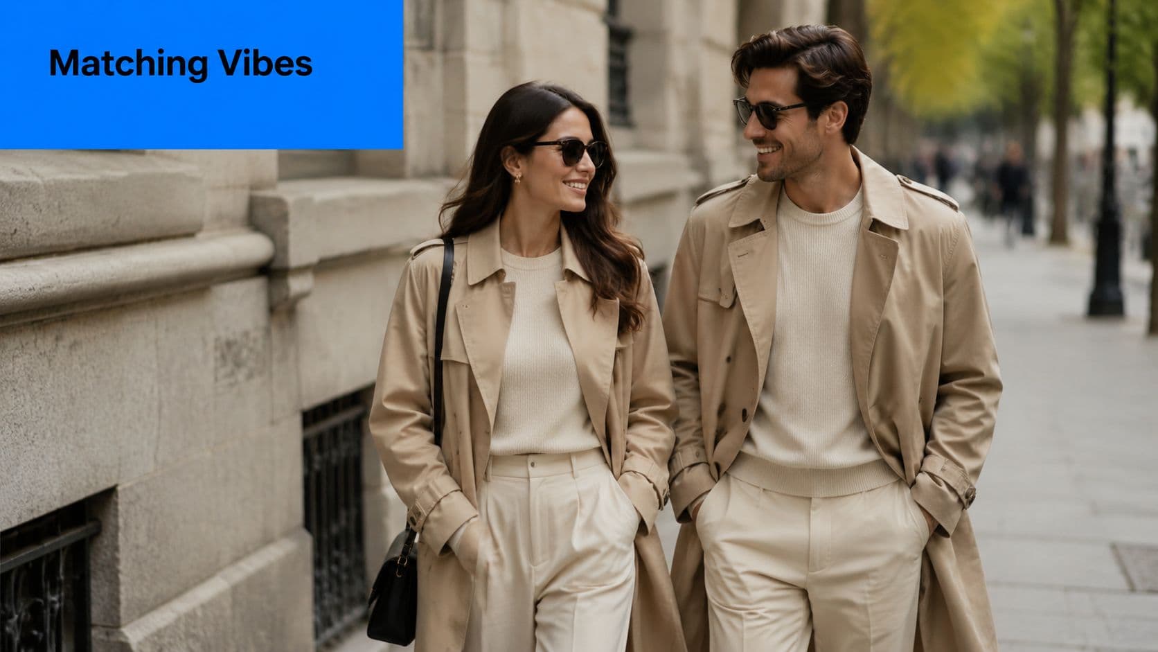 A stylish couple walking down a city street wearing matching beige trench coats and cream sweaters.