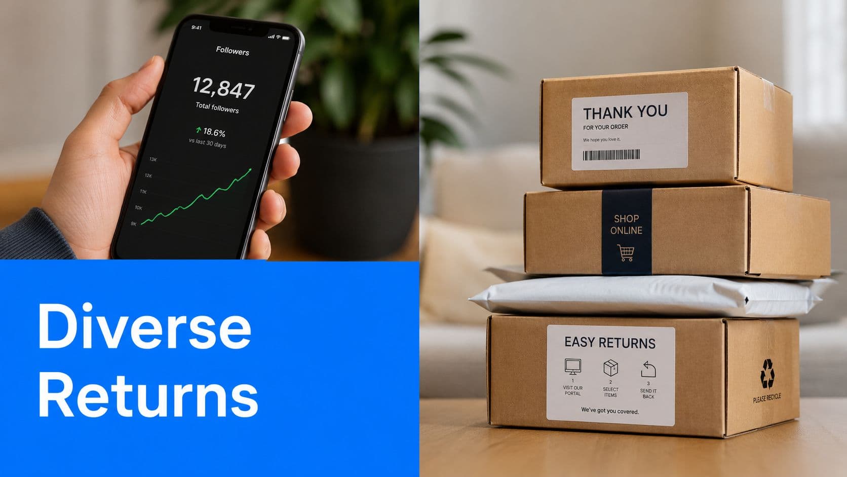 A hand holding a smartphone showing social media growth analytics alongside a stack of cardboard shipping boxes.