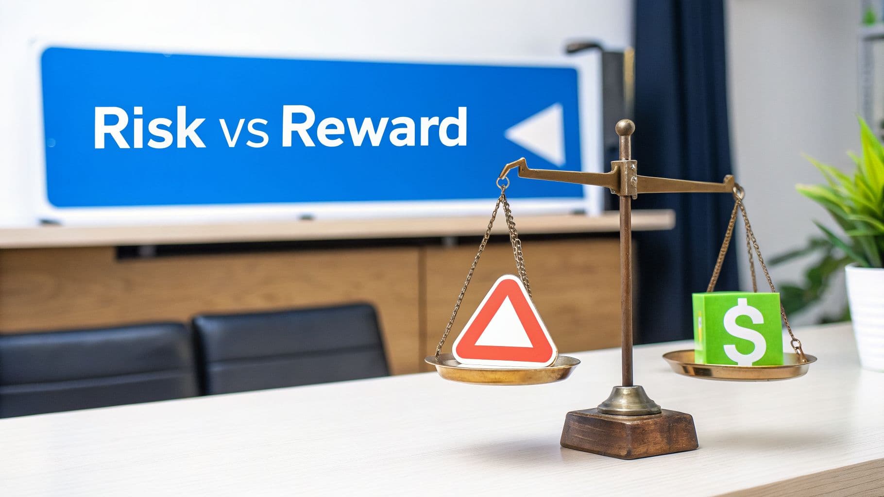 Balance scale weighing risk (warning sign) against reward (dollar sign) with a 'Risk vs Reward' sign.
