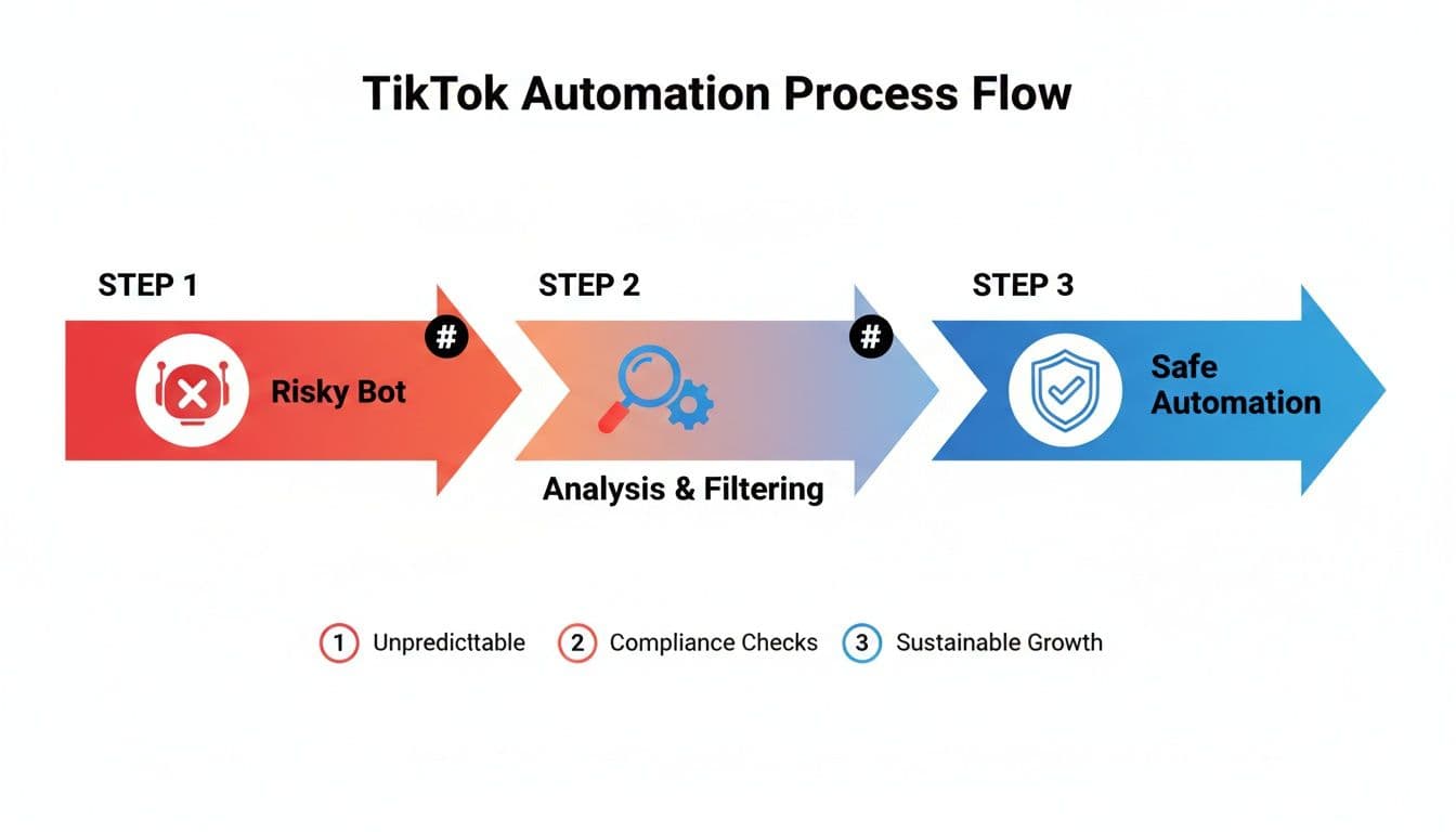 Flowchart illustrating the TikTok automation process from risky bots to safe, sustainable growth through analysis and filtering.