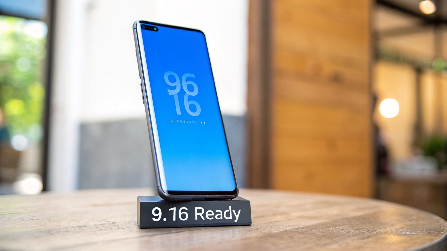 A smartphone displaying '96 16' on a blue screen, standing on a '9.16 Ready' black block on a wooden table.