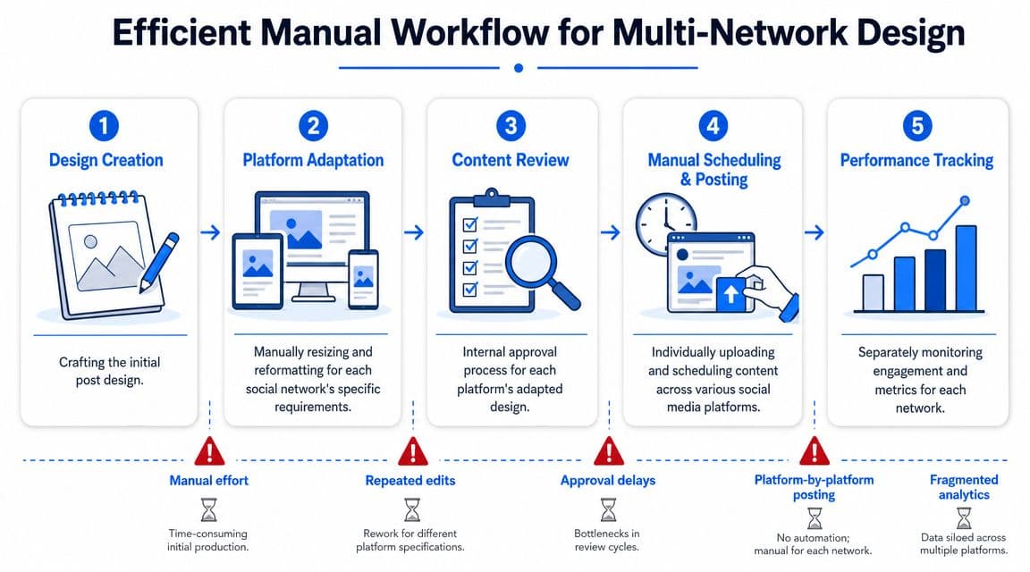 A five-step infographic illustrating an inefficient, manual workflow process for designing and posting social media content.