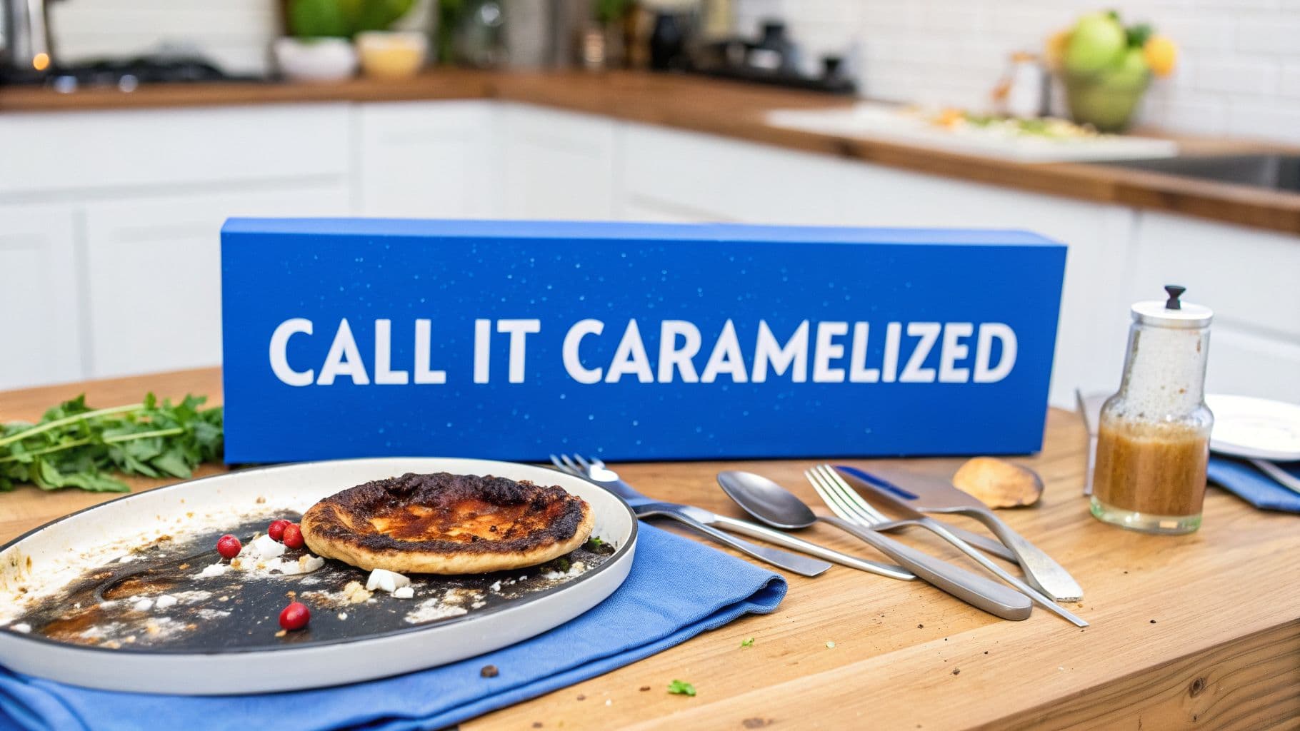 A caramelized tart on a plate with cranberries and cutlery, next to a blue sign saying 'CALL IT CARAMELIZED' in a kitchen setting.