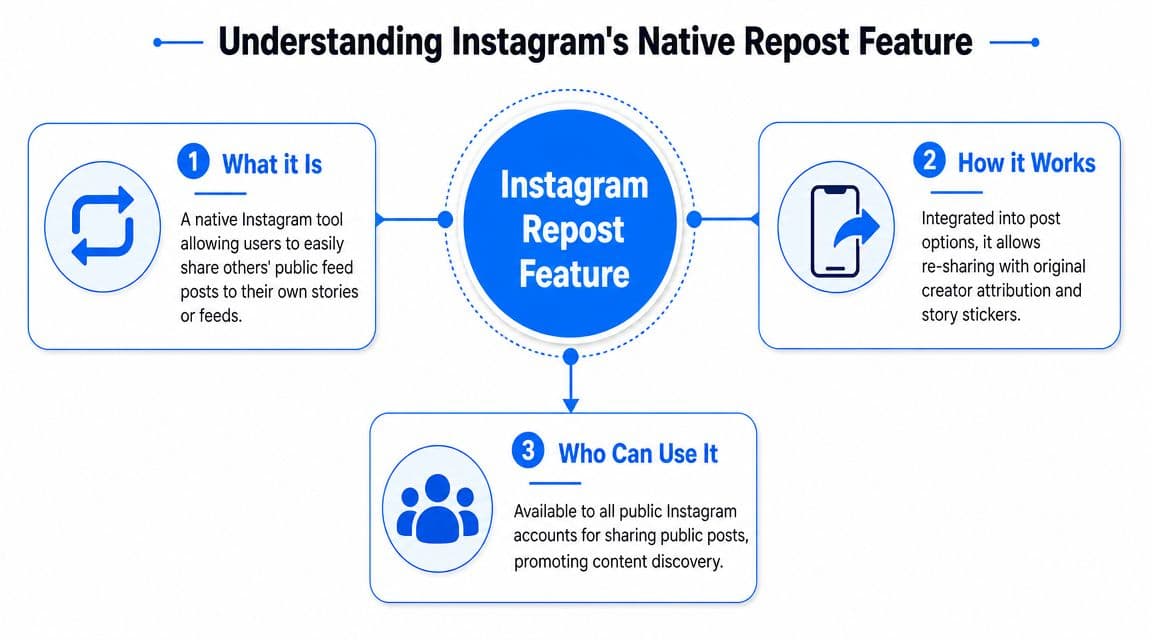 A diagram explaining Instagram's native repost feature, detailing what it is, how it works, and who can use it.