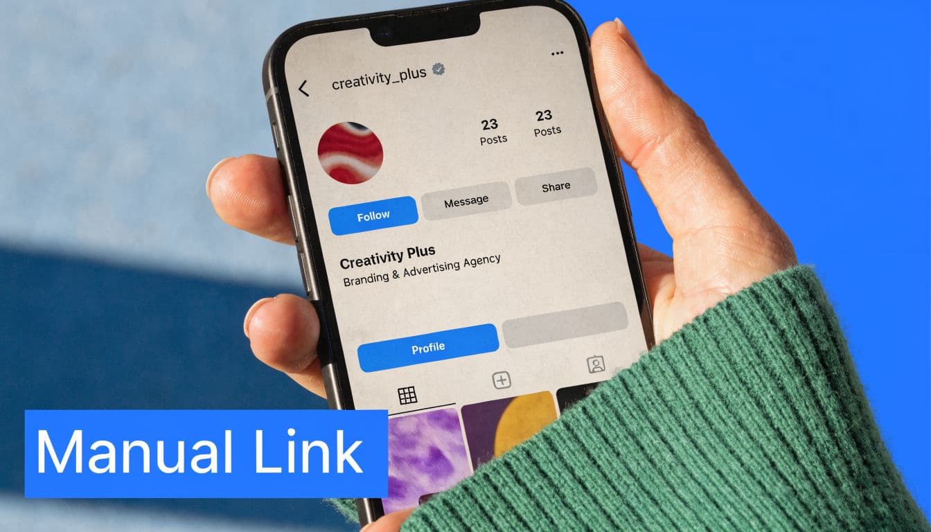 A hand holding a smartphone showing an Instagram profile page for the agency Creativity Plus.