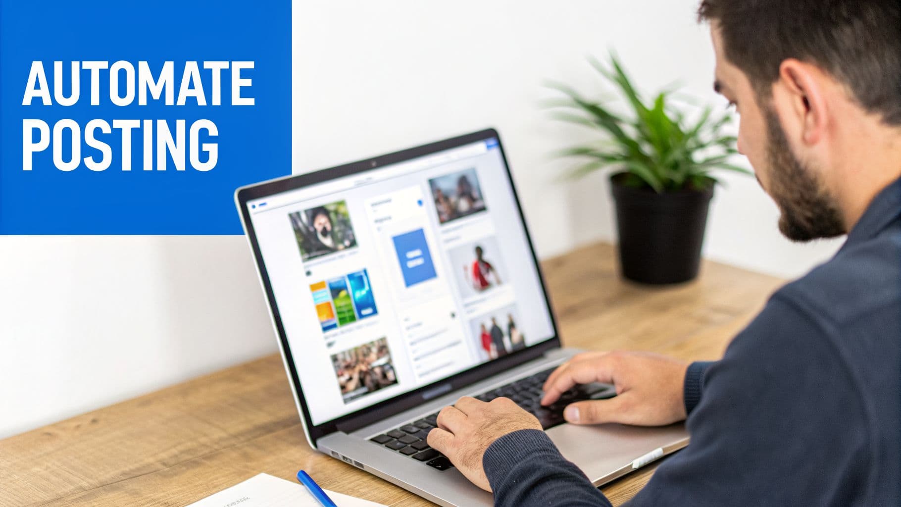 A man types on a laptop, managing posts or scheduling content with 'AUTOMATE POSTING' text.