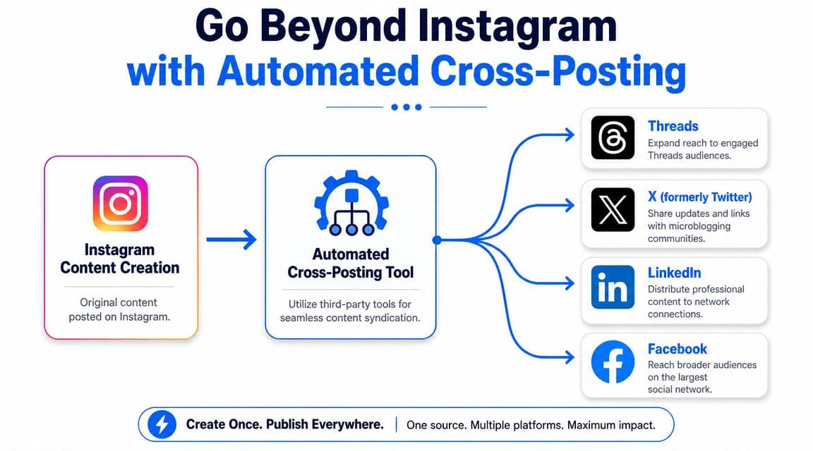 A diagram illustrating how to use automated tools to cross-post Instagram content to other social media platforms.
