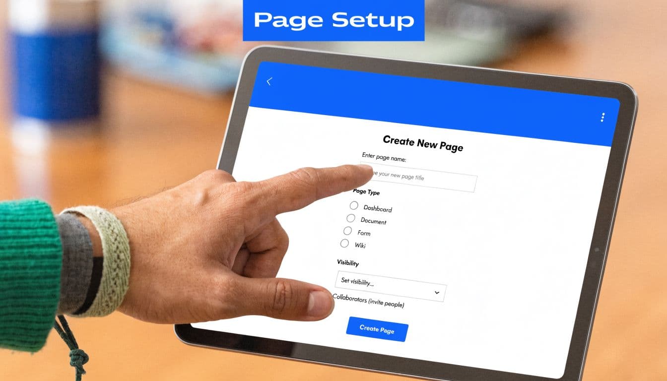 A hand using a tablet to navigate a digital interface for creating a new business profile page.