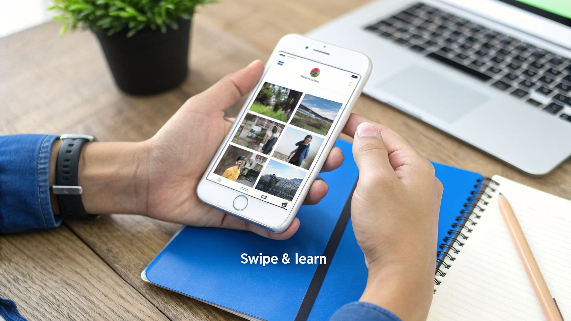 Hands holding a smartphone displaying an image gallery, with a laptop and notebooks on a wooden desk.