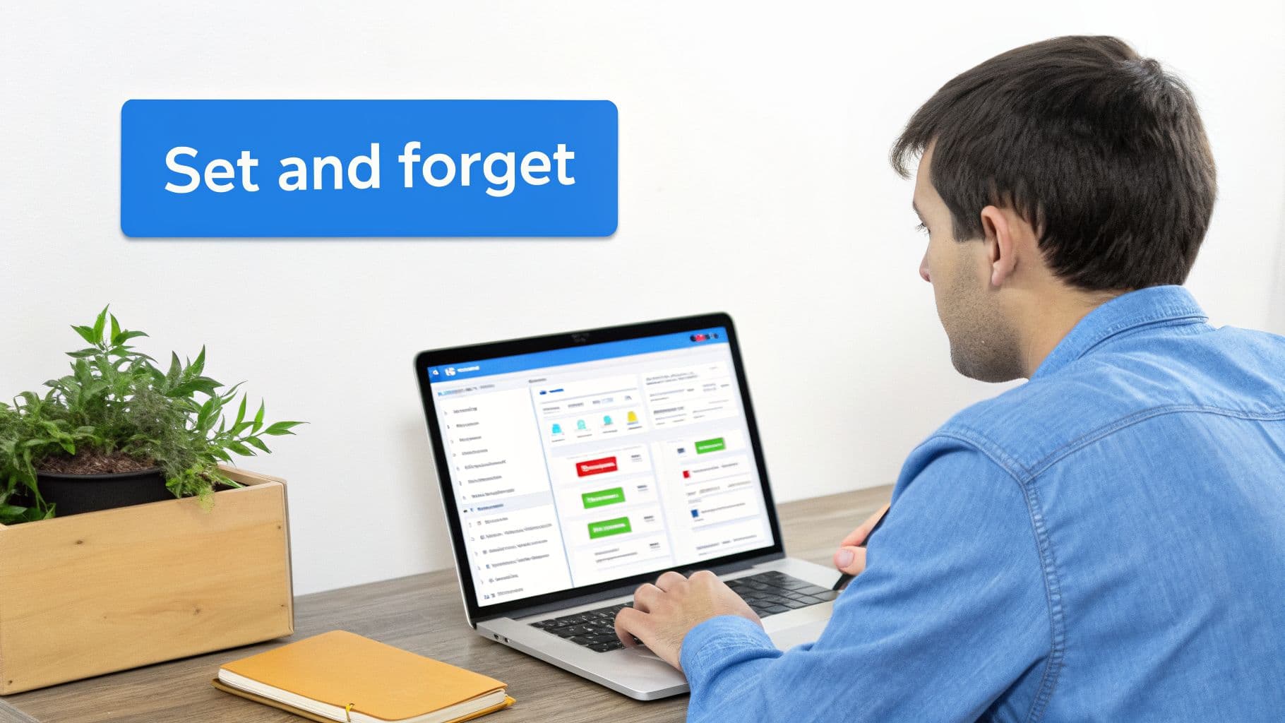Man typing on a laptop at a desk with a plant, under a 'Set and forget' sign.