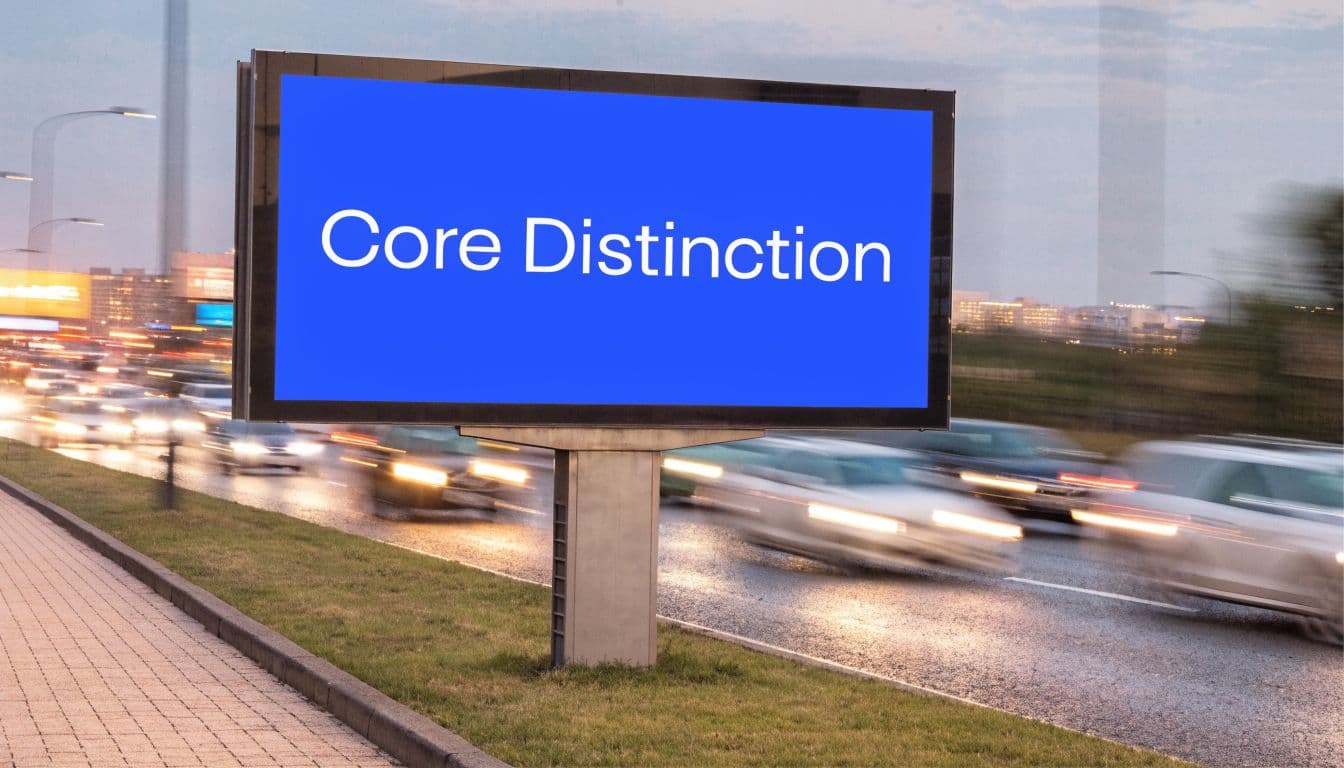 A modern billboard displaying the words Core Distinction by a busy road with blurred motion of cars.