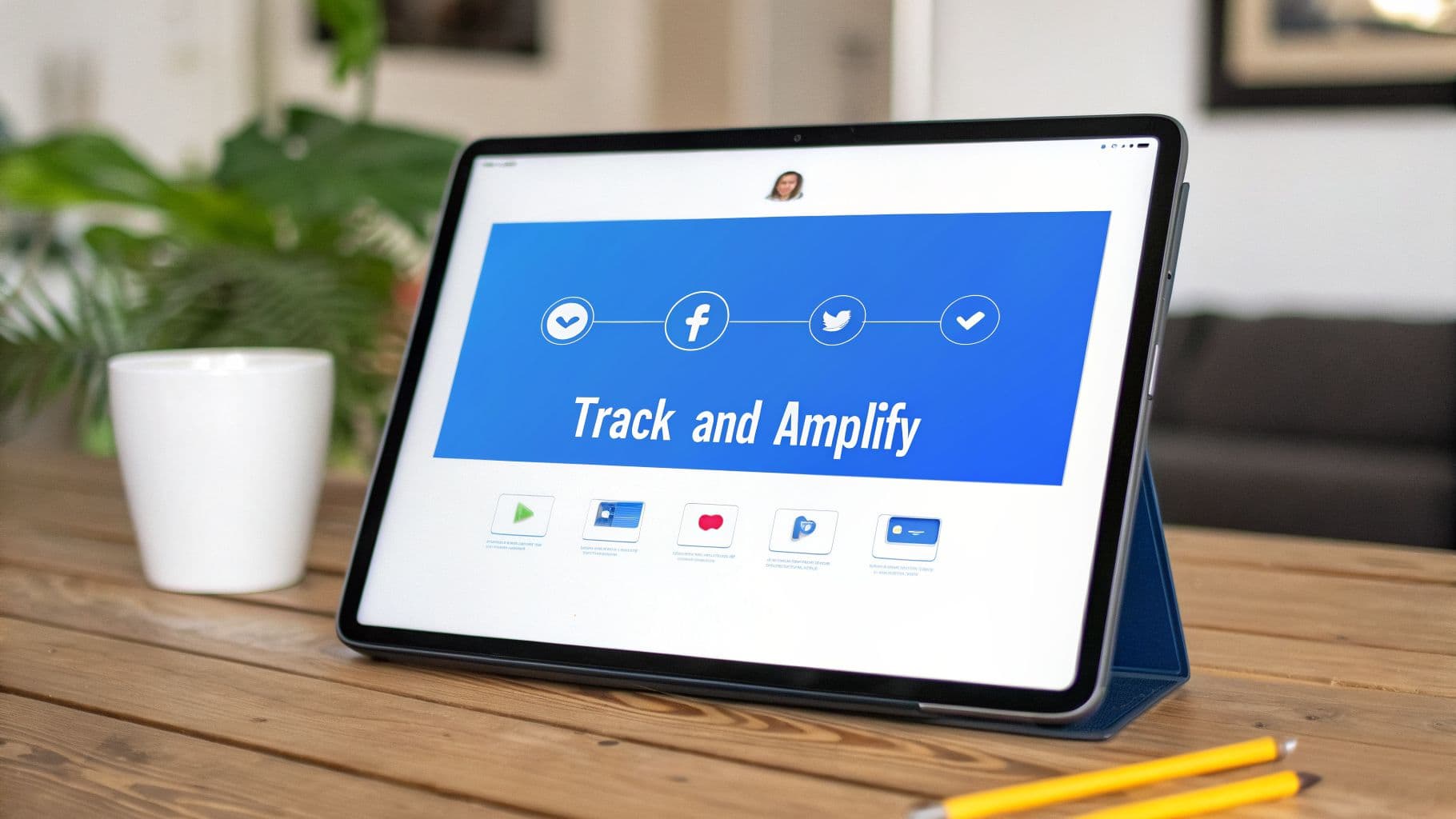 An iPad showing "Track and Amplify" with social media logos on a wooden table.