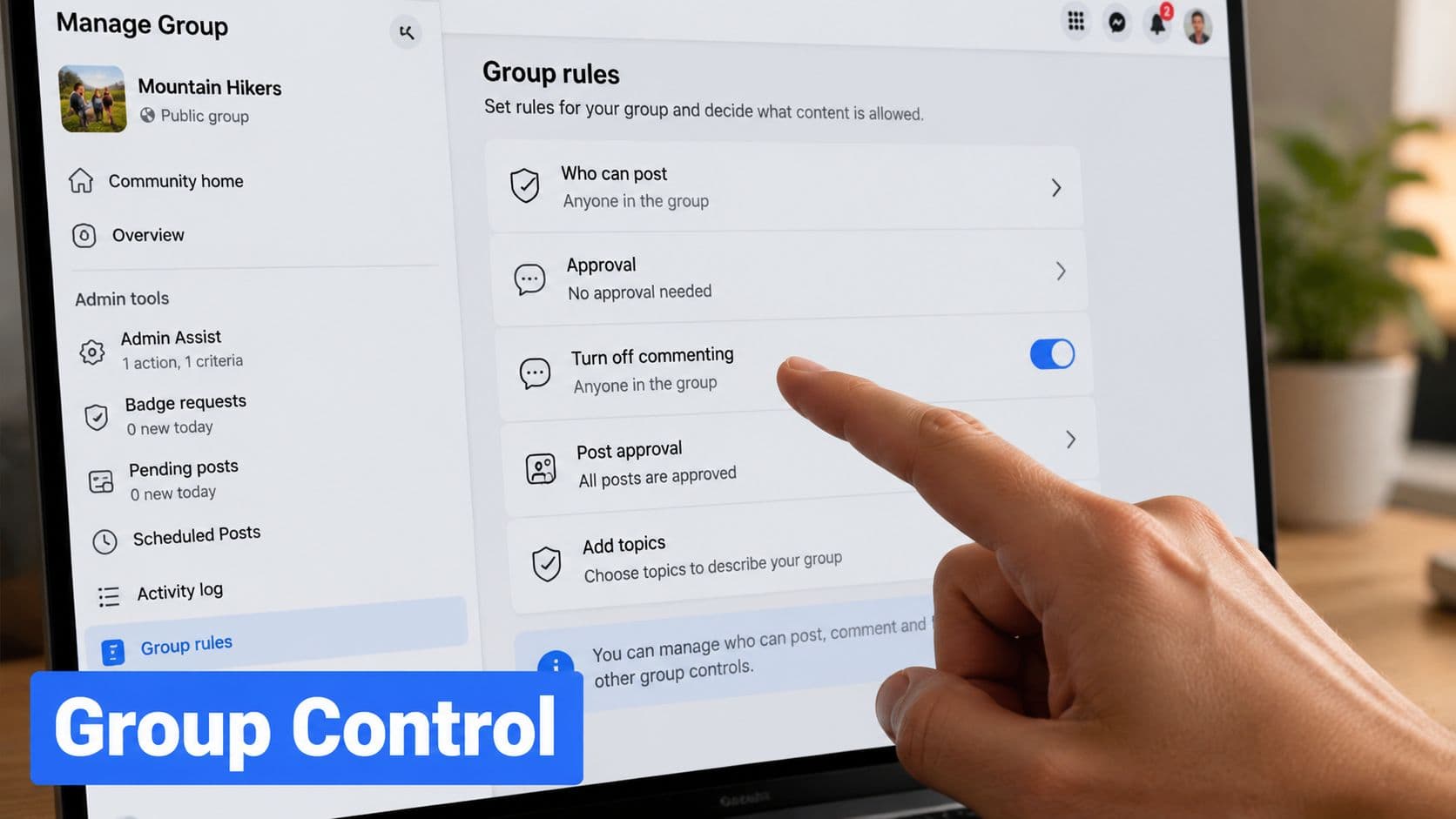 A hand pointing to the turn off commenting setting on a Facebook group management screen.