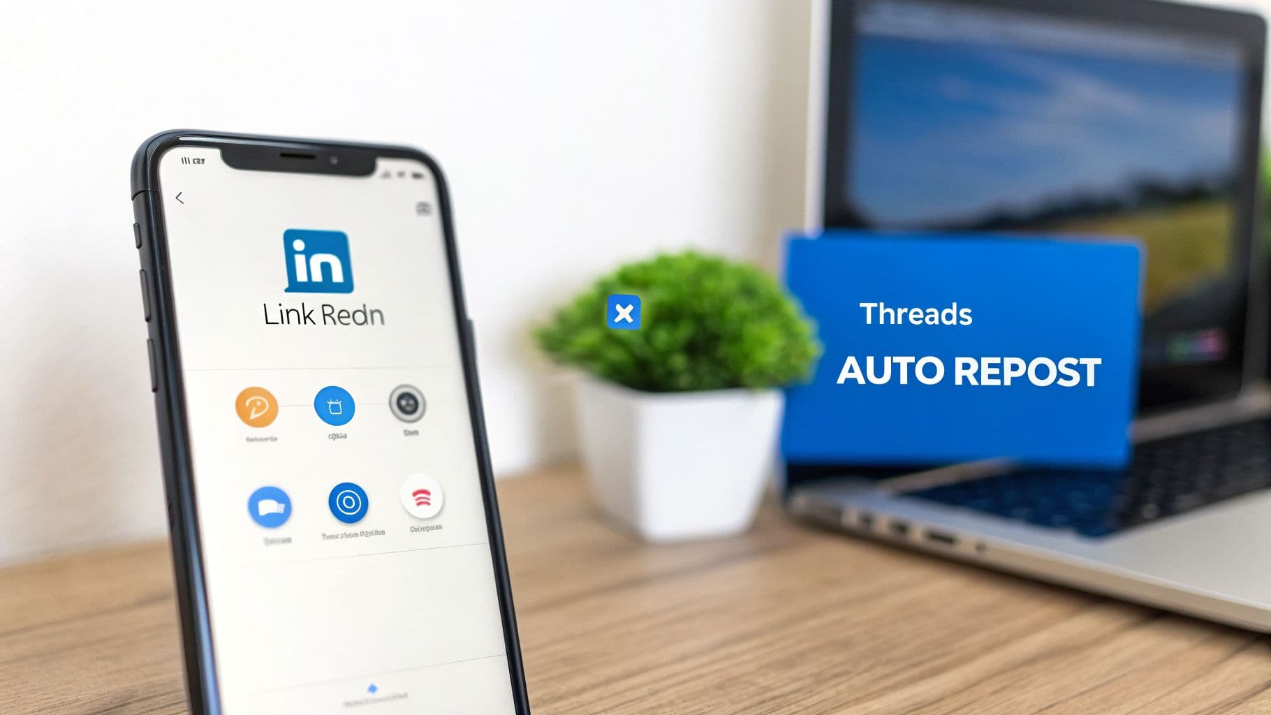 A smartphone displays a social media app with 'Link Redn' logo, beside a blue 'Threads AUTO REPOST' text box.