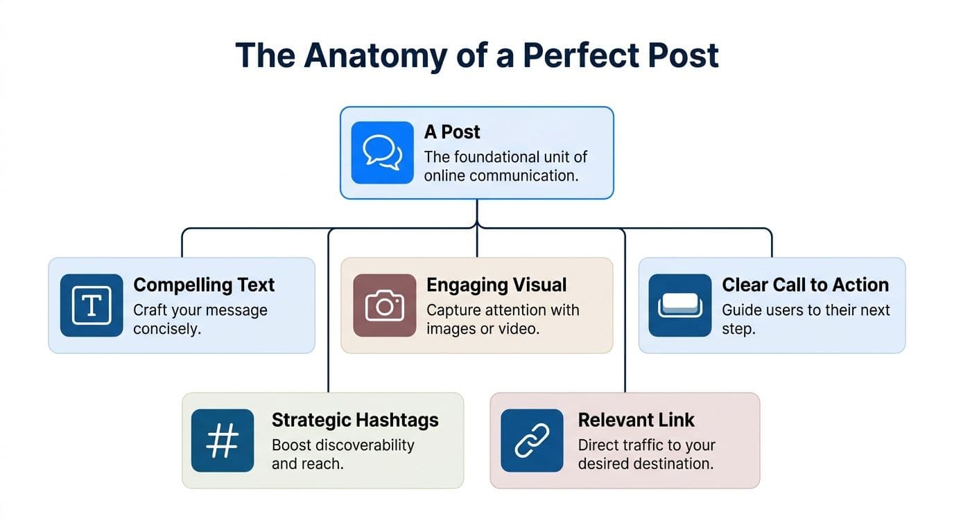 A diagram titled The Anatomy of a Perfect Post explaining essential components for successful online content creation.