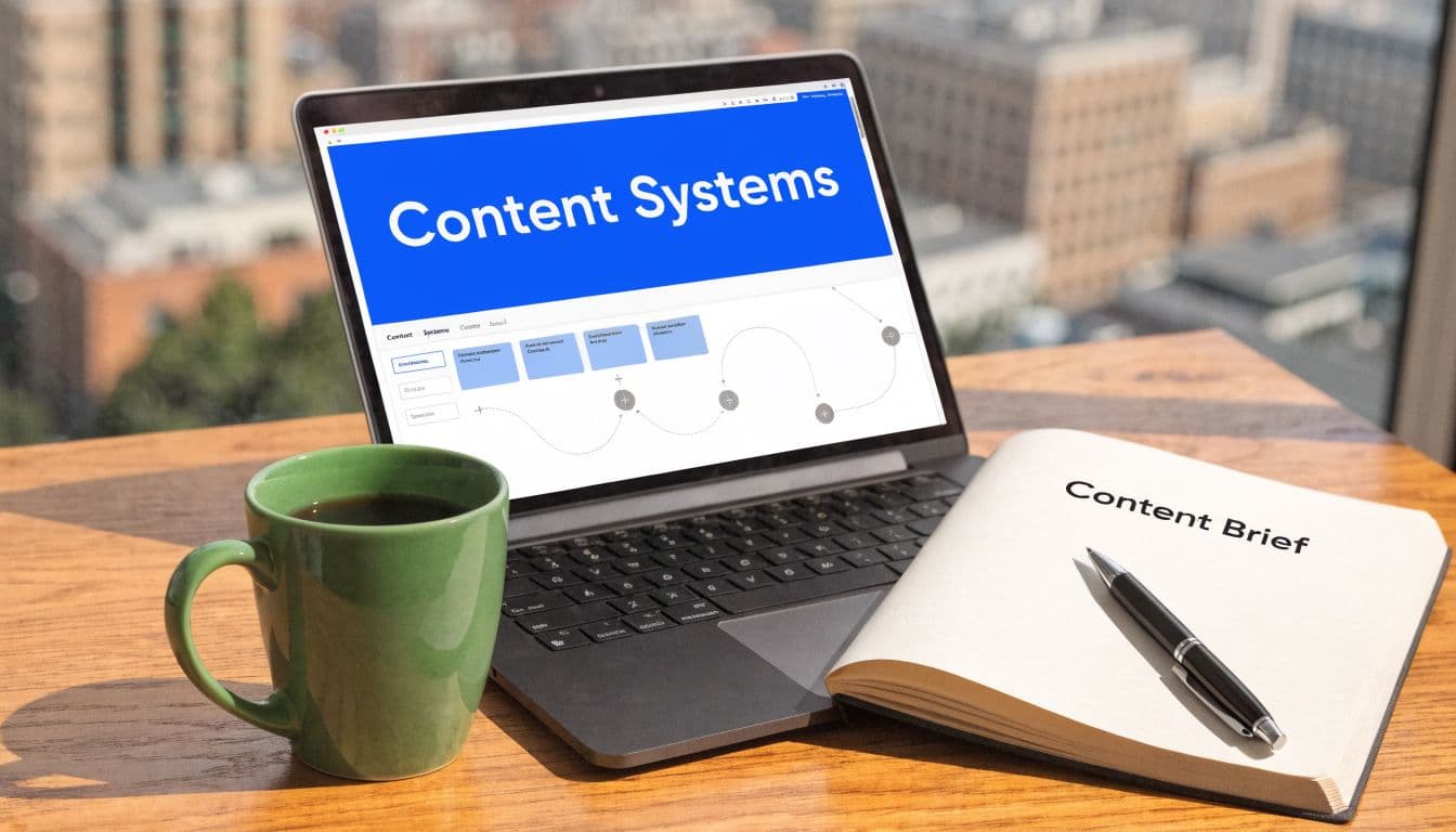 A laptop showing a Content Systems slide, a cup of coffee, and a notebook titled Content Brief.