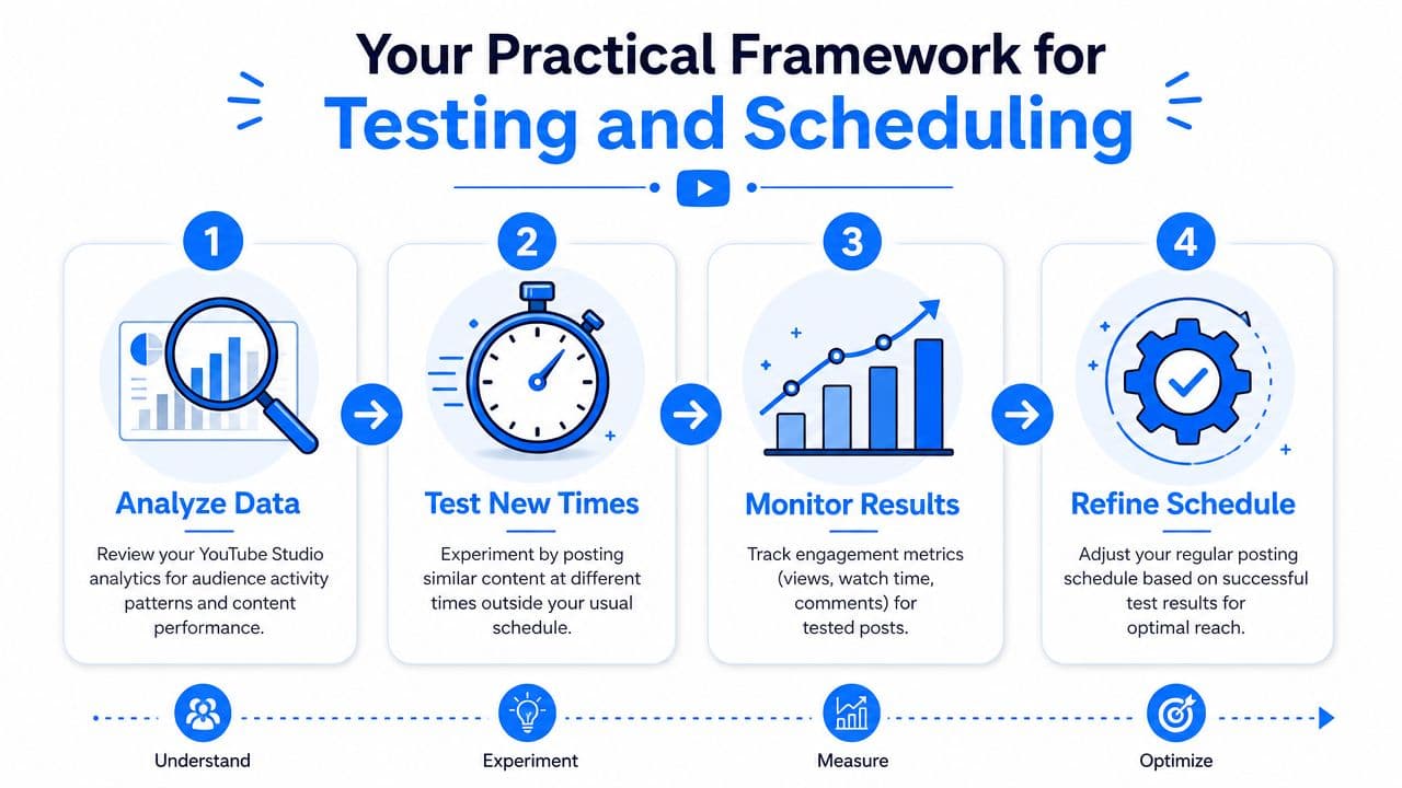 A four-step framework infographic illustrating how to test and schedule YouTube content for optimal performance.