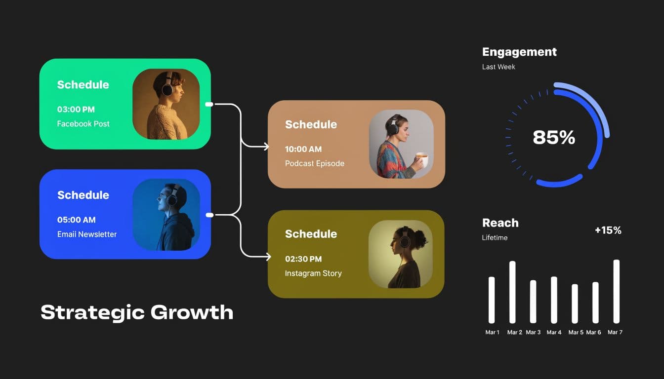 A social media content dashboard displaying scheduling timelines with engagement percentage and growth reach metrics visualized.