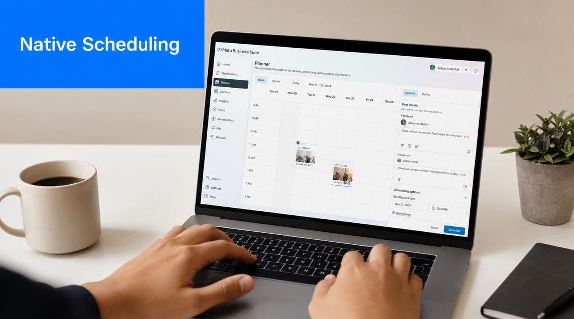 A person using a laptop to manage and schedule social media posts on Meta Business Suite.
