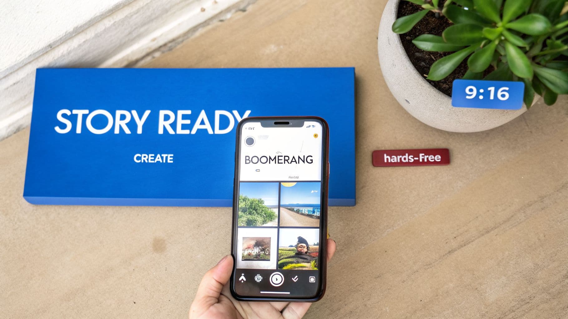 A person holds a smartphone displaying the Instagram Boomerang app next to 'STORY READY' and 'hands-free' signs.