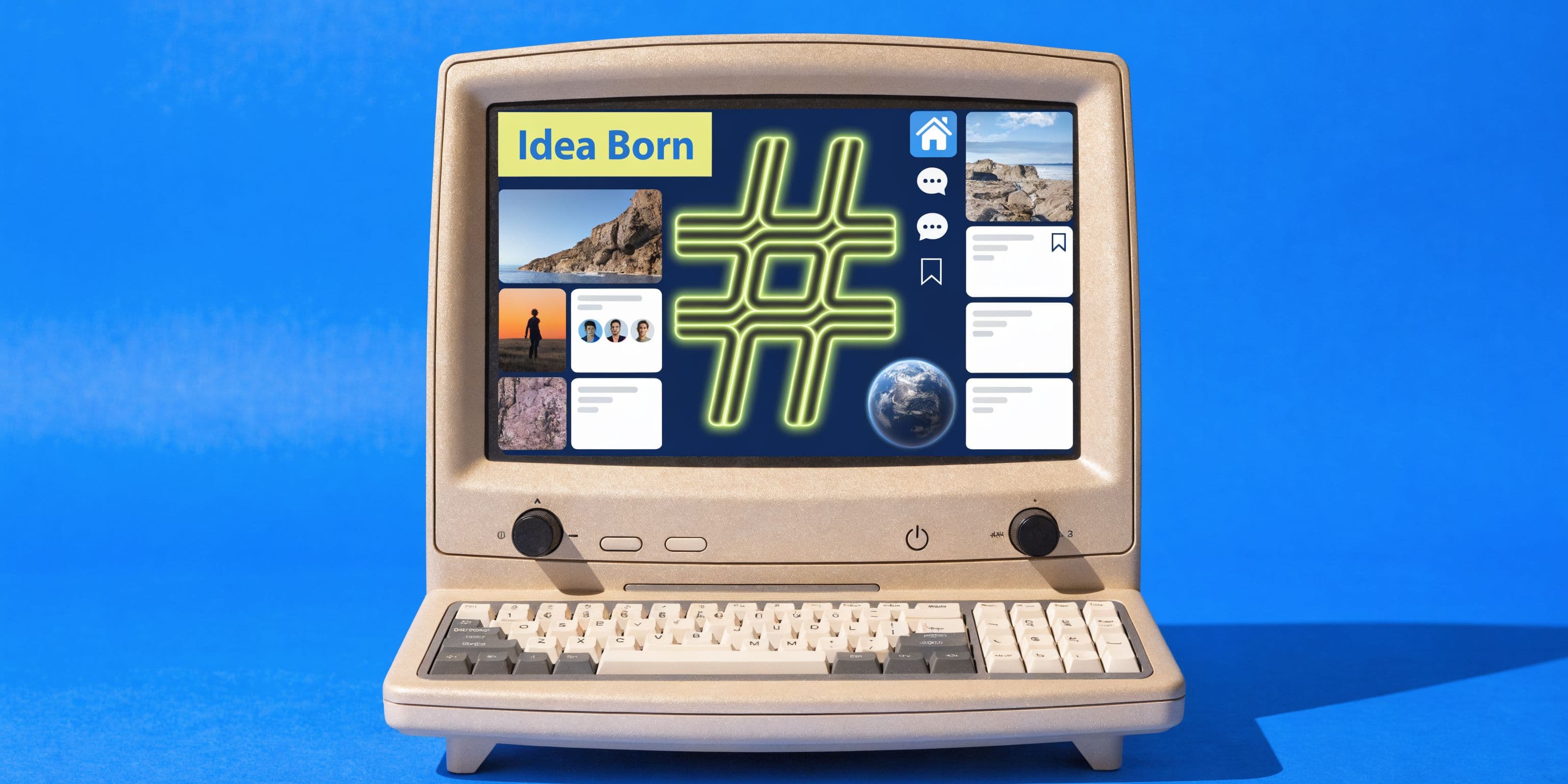 An old retro-style computer monitor displaying a social media interface with a large glowing hashtag symbol.