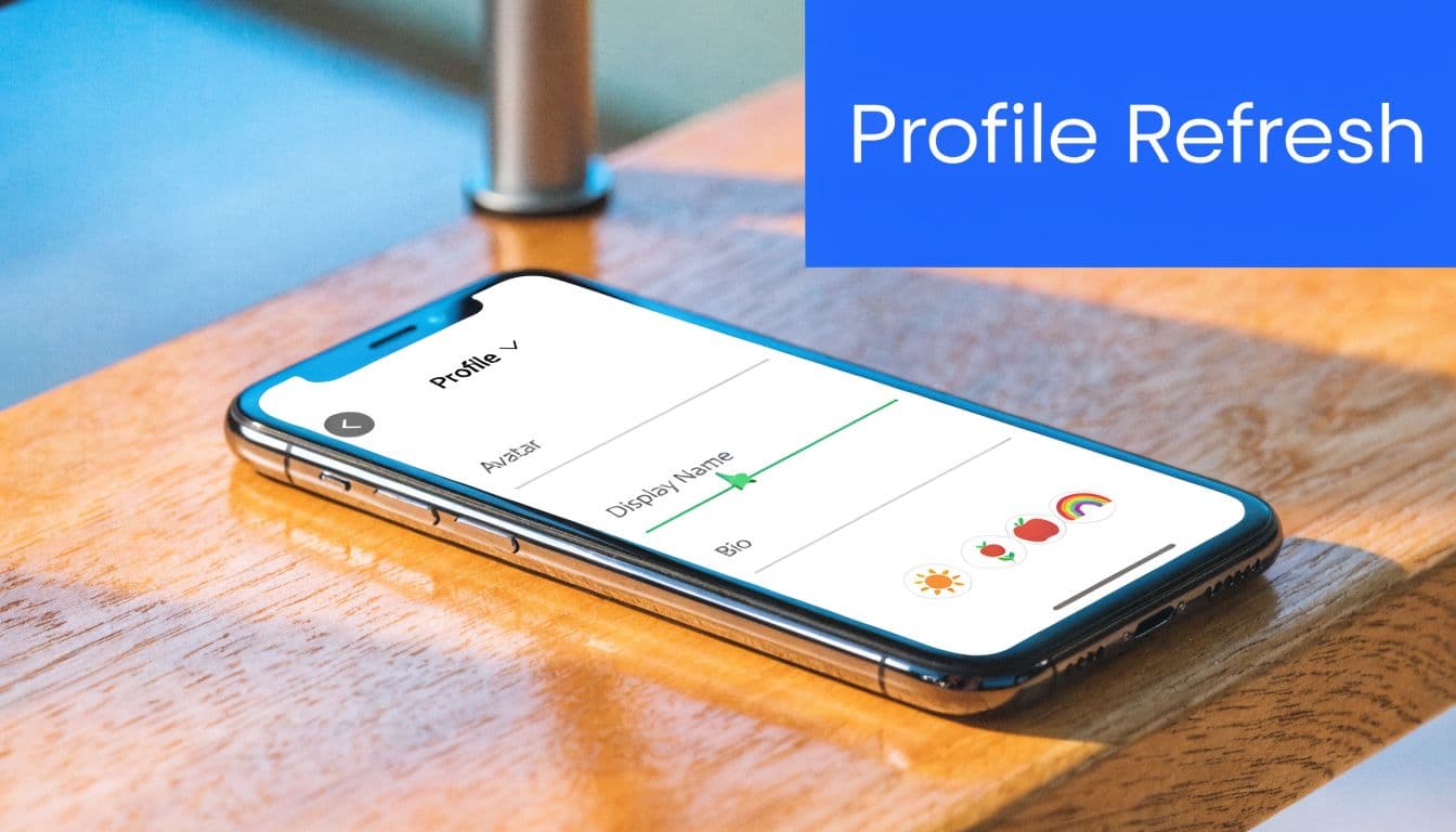 A smartphone resting on a wooden surface displaying a profile update screen interface for user settings.