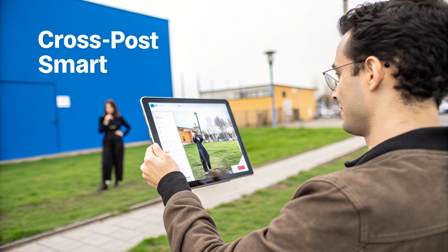 A man holds a tablet displaying a social media post, with 'Cross-Post Smart' text overlay.