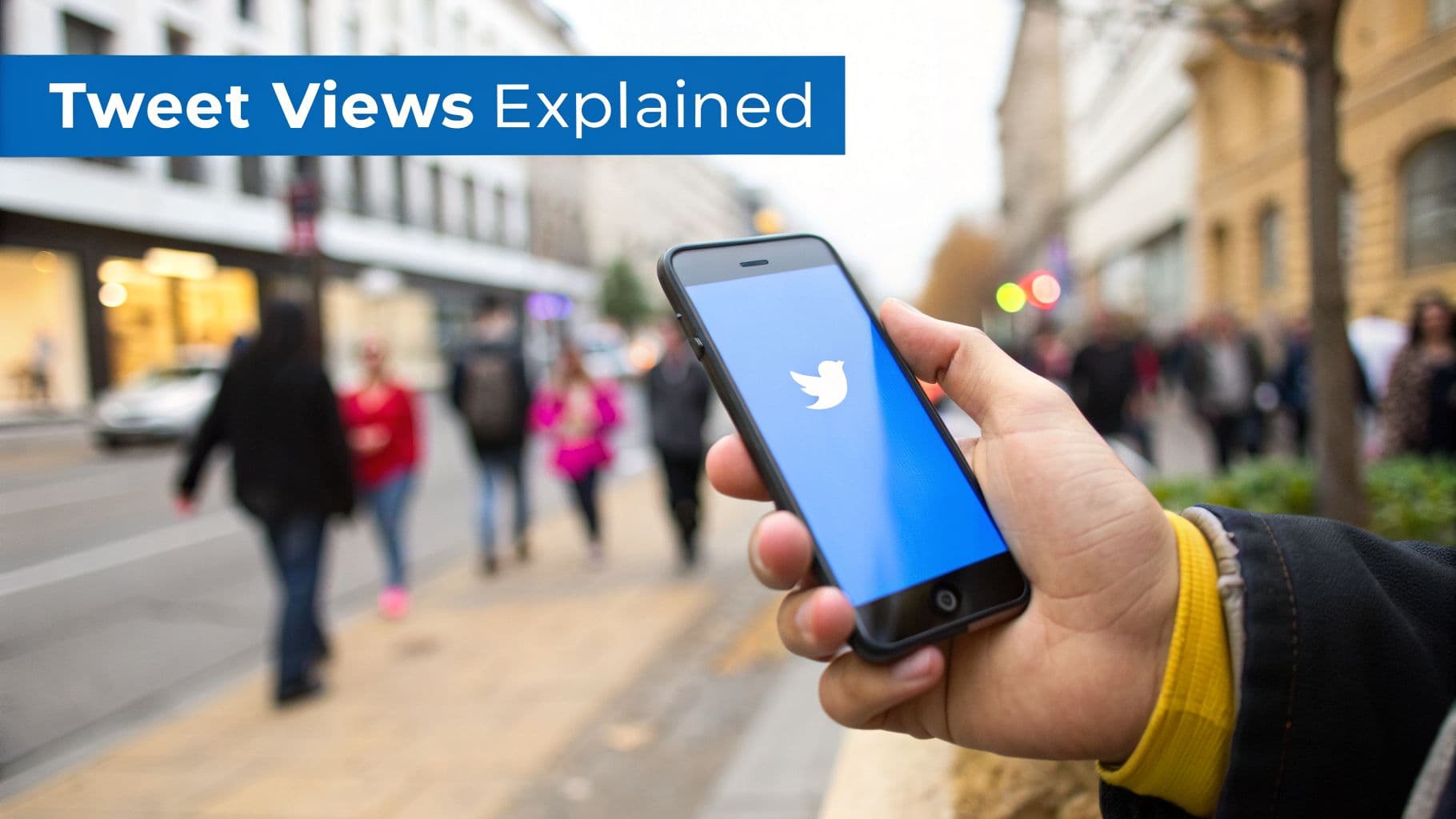 A hand holds a smartphone displaying the Twitter logo on a city street, with 'Tweet Views Explained' text.