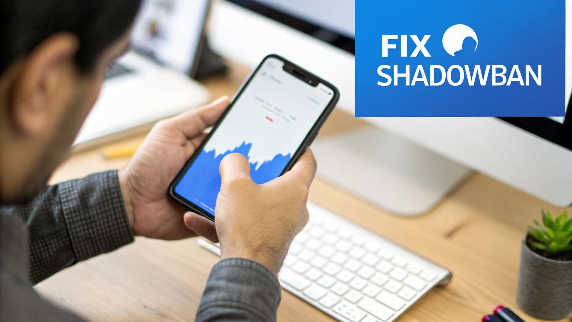 Person analyzing data on a smartphone, with a 'FIX SHADOWBAN' banner and computer setup on a desk.