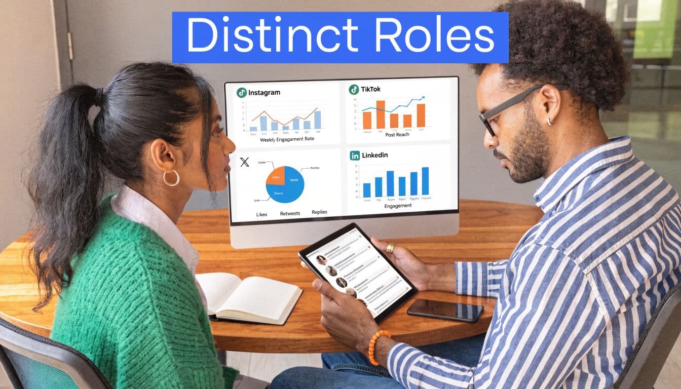 A professional man and woman collaborating on social media strategies with digital analytics and engagement reports displayed.