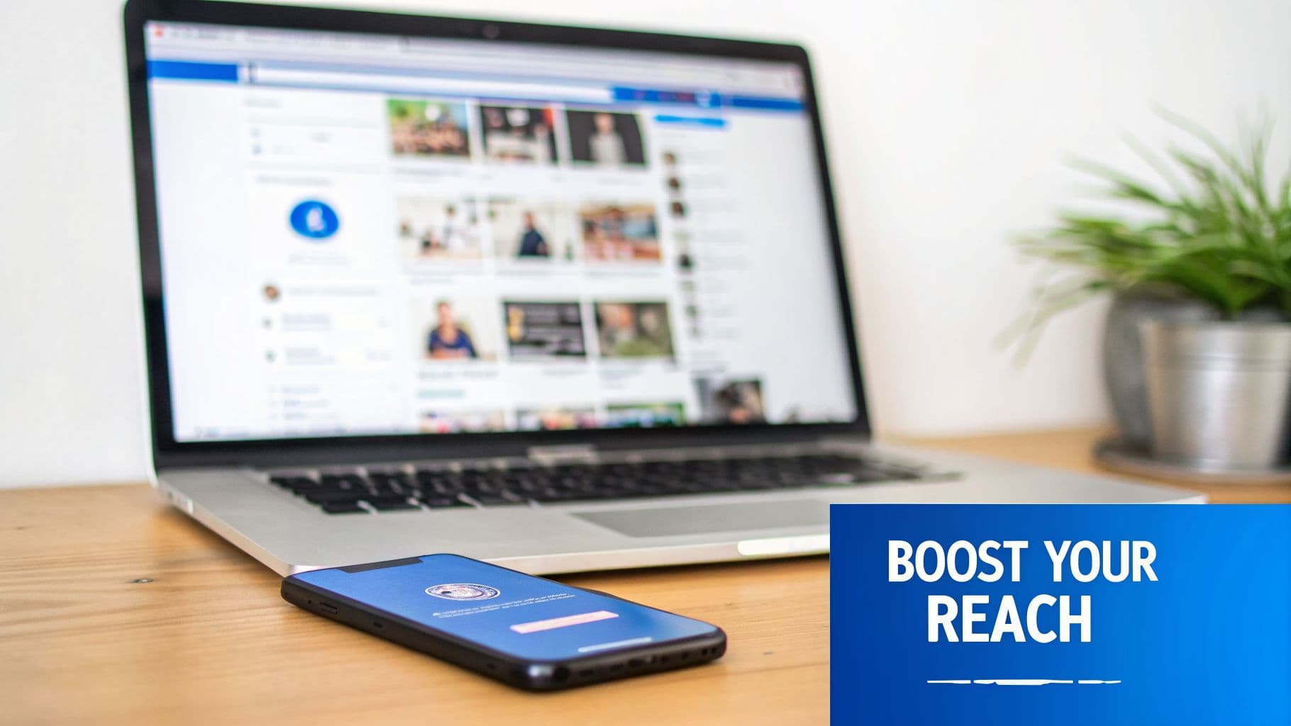 A laptop displaying social media, a smartphone, and a plant on a desk, with text 'BOOST YOUR REACH'.